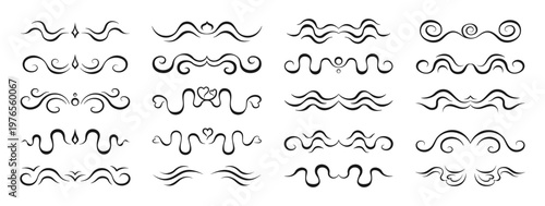 Vintage decorative line divider set. Elegant ornamental shapes flowing curves. Hand drawn separators, borders underline elements retro style, featuring classic swirls and refined decorative linework