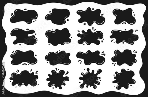 Liquid shapes and frames with uneven wavy edges set. Fluid puddles, splashes, drops, blobs and stains. Rounded watery organic forms. Smooth blotches, soft spills drips abstract shapes text backgrounds