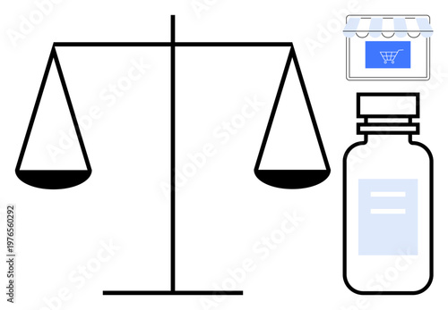 Legal ethics, e-commerce, healthcare, pharmaceuticals, online regulations, business transactions. Balanced scale, shopping cart medicine bottle. Legal ethics and e-commerce conceptual