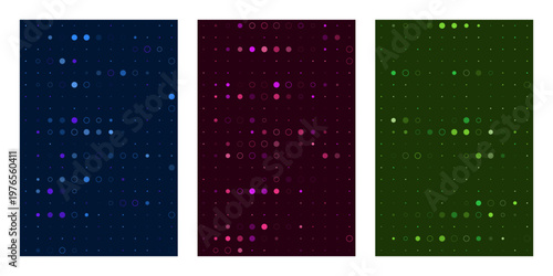 Quantum computing data visualization panels with glowing digital particle grid patterns