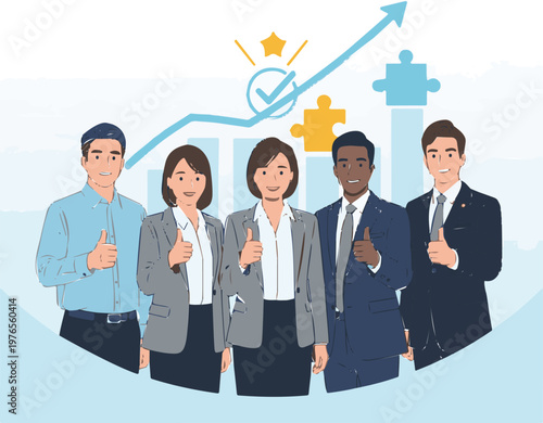 Diverse corporate team celebrating success with thumbs up and growth chart illustration