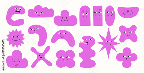 Geometric characters set, blob shapes and expressive comic smiling childish different faces. Fun modern cartoon geometry drawing happy facial art. Abstract playful figures eyes, emotions quirky forms