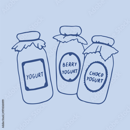 Hand drawn vector set of three rustic glass yogurt jars with cloth covers and labels for different flavors. Detailed line art illustration for artisan dairy products and dessert menus