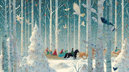 Childrens book art of three kids on horse drawn sled through snowy landscape birds around trees simple design gouache style blue cream palette winter hats