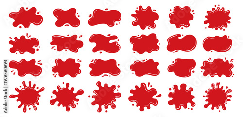 Liquid shapes blood stains silhouettes set. Fluid puddles, splashes, red drops, wavy blobs. Bubble organic forms. Smooth blotches, soft uneven spills drips abstract shapes frames backgrounds design
