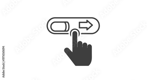 Minimalist vector graphic illustration of a human hand finger sliding an interactive unlock button element on a modern digital touch screen interface for mobile device apps