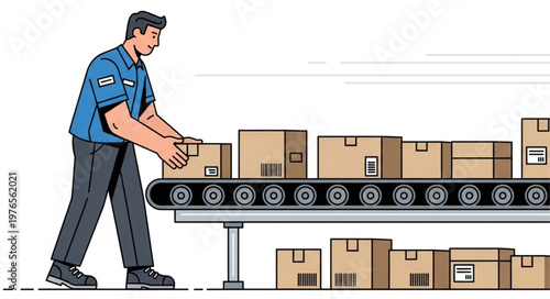 Male factory worker loading cardboard boxes on conveyor belt.