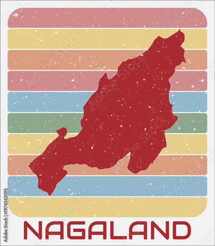 Nagaland, India vintage logo. Shape of the state on retro colored stripes background. Nagaland, India map design with grunge scratch texture. Vector illustration.