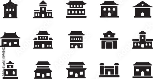 Collection of various black Asianstyle building silhouettes on white background
