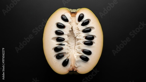 Cross-Section of an Annona fruit displaying black seeds arranged symmetrically in the pulpy flesh