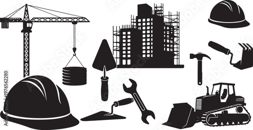 Construction site equipment and tools on white background