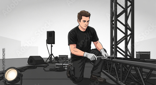 Male Stage Technician Installing Metal Truss For Event.
