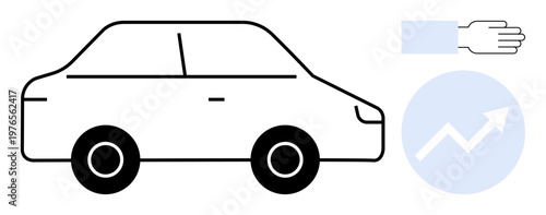 Transportation, innovation, business growth, automotive technology, hand signals, data analysis. A simplistic car icon, hand gesture and upward arrow symbol. Transportation and innovation concept