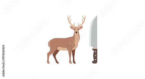 Deer standing next to a large knife on white background symbolizing hunting or wildlife concept