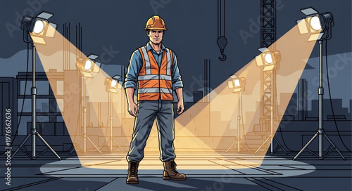 Construction worker in safety vest and hardhat standing.