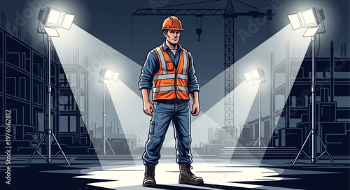 Construction worker wearing safety vest helmet and boots standing.