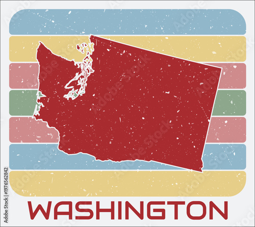 Washington, United States vintage logo. Shape of the state on retro colored stripes background. Washington, United States map design with grunge scratch texture. Vector illustration.
