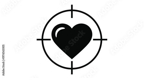Minimalist vector graphic design showing a solid black heart symbol centered perfectly inside a classic circular crosshair targeting reticle for romance and love concept art