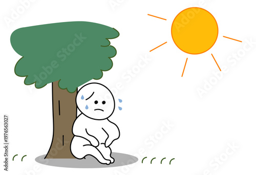 Person Resting Under Tree in Extreme Heat Showing Heatstroke and Summer Fatigue Concept