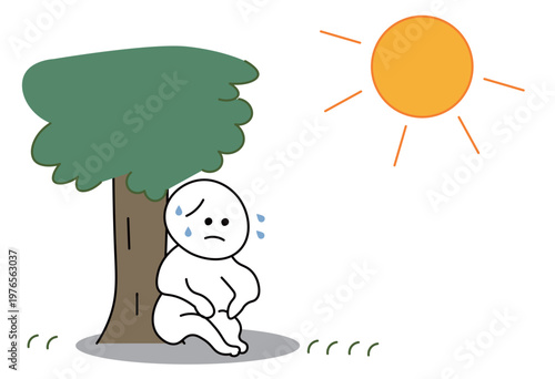 Person Resting Under Tree in Extreme Heat Showing Heatstroke and Summer Fatigue Concept