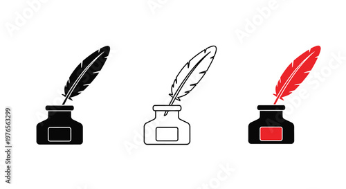 A classic quill feather pen and inkwell vector graphic illustration, showcasing historical writing and education tools with three distinct style variations for design projects.