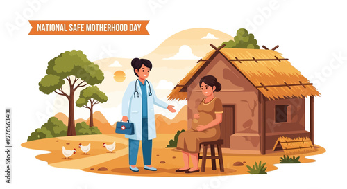 A maternal healthcare concept illustration commemorates National Safe Motherhood Day with a doctor consulting a pregnant woman seated outside a rural home, rendered in a flat, vector style