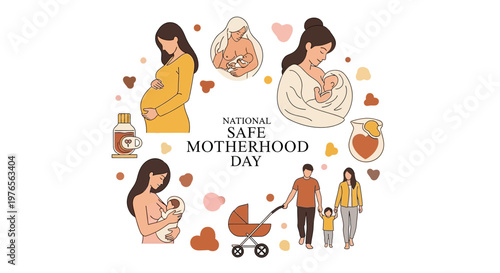 A flat vector illustration promoting national safe motherhood day depicts pregnant women, mothers breastfeeding, and a family strolling with a stroller against a clean white background