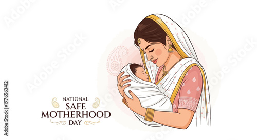 Illustration emphasizing maternal health awareness with a mother tenderly holding her newborn against a white background, promoting safe motherhood and reproductive care with soft, pastel