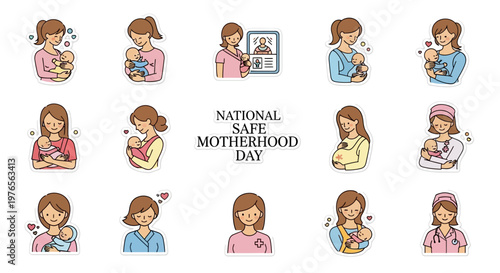 A set of vector illustrations for National Safe Motherhood Day depicts women holding infants and showcasing pregnancy care in a flat design style with a focus on maternal and child health