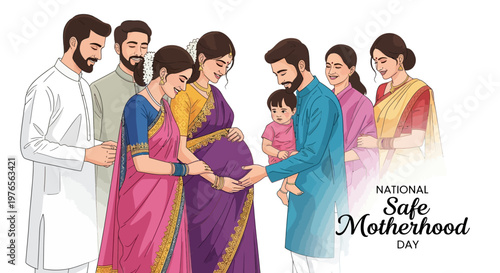A diverse group of people gather around two pregnant women in saris, in an illustration promoting National Safe Motherhood Day, set against a clean white background with an emphasis