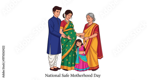 Illustration celebrating National Safe Motherhood Day features a multigenerational family with a pregnant woman wearing a sari and a child, set against a clean white background, promoting