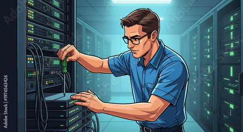 IT technician servicing rack servers in datacenter environment.