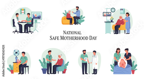 A collection of vector illustrations promoting National Safe Motherhood Day depicts doctors providing prenatal and postnatal care, ensuring healthy pregnancies and safe deliveries