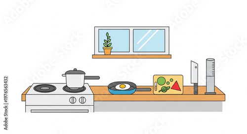 Kitchen countertop with stove pot and cuttingboard.