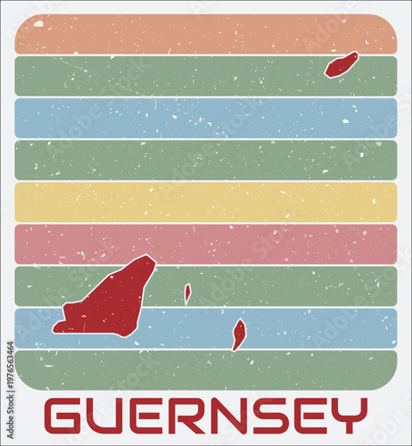 Guernsey vintage logo. Shape of the country on retro colored stripes background. Guernsey map design with grunge scratch texture. Vector illustration.