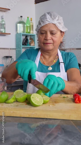 Peruvian senior woman chef cutting limes preparing ceviche