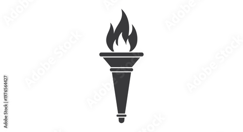 Minimalist vector graphic illustration of a burning olympic torch icon featuring simple black shapes that symbolize sport competition leadership freedom victory and historical ancient glory