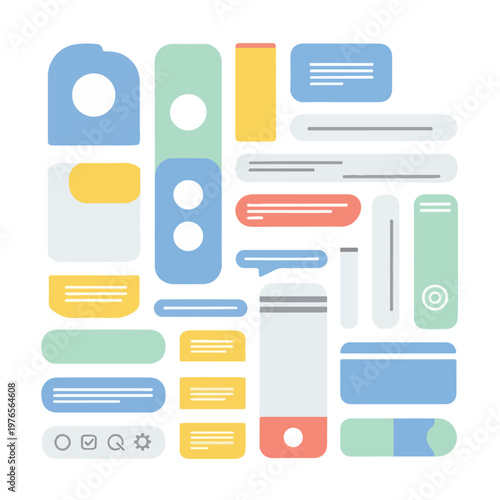 A colorful, flat design composition of various shapes and interactive elements