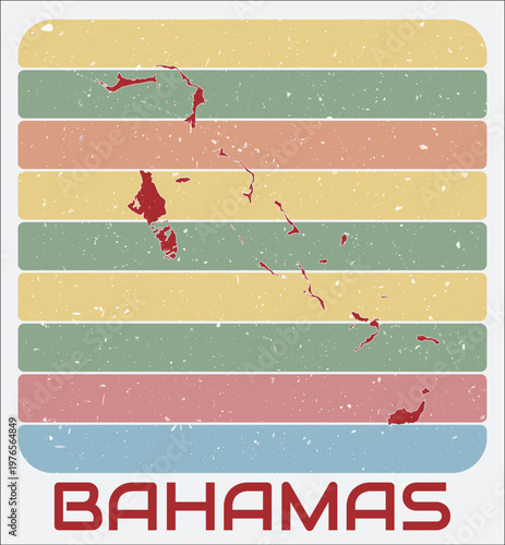 Bahamas vintage logo. Shape of the country on retro colored stripes background. Bahamas map design with grunge scratch texture. Vector illustration.