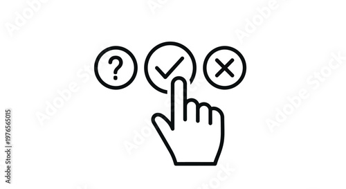 Decision making vector illustration with a human hand cursor choosing the correct option among question and cross marks graphic design.