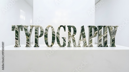 Artistic Typography Display: An artful display of the word TYPOGRAPHY in an elegant and decorative arrangement. Letters crafted with a unique texture, showcased in a gallery setting.