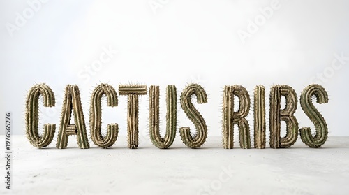 Cactus Ribs Text Design: A unique artistic creation displaying the phrase CACTUS RIBS crafted from repurposed cactus ribs, showcasing a blend of nature and artistic design.