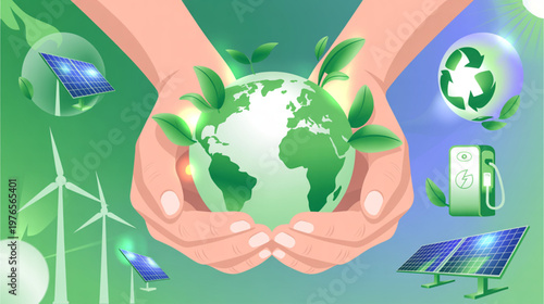 Eco friendly globe, sustainable earth, green energy icons, environmental protection