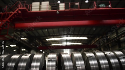 Steel Coil Workshop Actual Shot: Industrial Scene of Crane & Machinery Operation