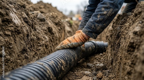 Worker hands are carefully installing a corrugated drainage pipe within a trench for effective drain control and pipe management.