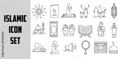 Islamic Line Icon Set Ramadan Eid Mubarak Muslim Prayer Mosque Outline Vector Collection