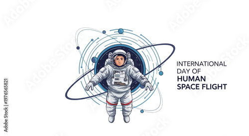 A detailed vector illustration commemorates International Day of Human Space Flight, showing an astronaut floating in space amidst swirling orbital lines against a clean white backdrop