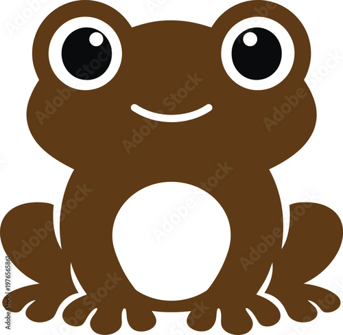 A cute and friendly cartoon frog character with big expressive eyes and a simple flat design. The soft brown color and rounded shapes give it a playful and approachable look, making it perfect for kid