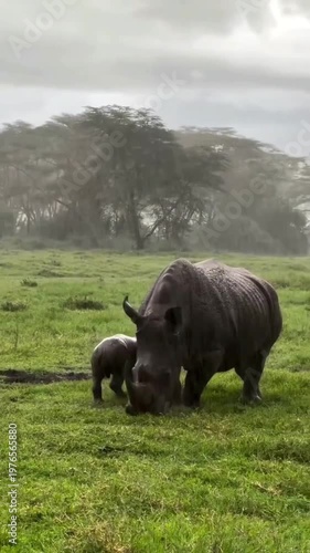 A heartwarming video of a mother rhinoceros and her calf roaming together in a lush green savannah on a rainy day.