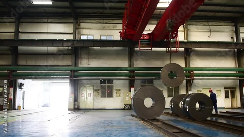 Steel Coil Workshop Actual Shot: Industrial Scene of Crane & Machinery Operation